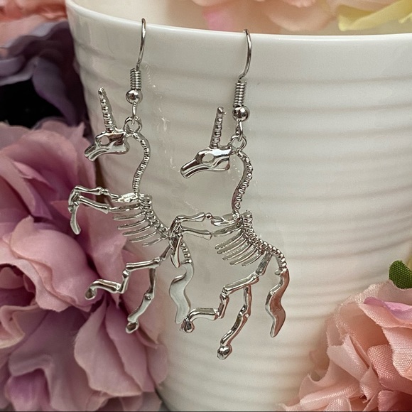 Gothic Silver Unicorn Skeleton Dangle Earrings - Picture 7 of 16